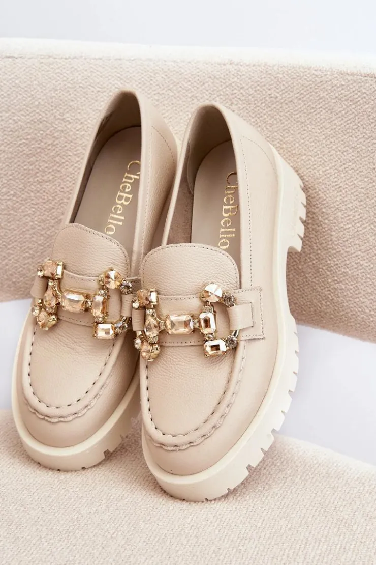 Discount CheBello Damskie Skórzane Mokasyny Z Ozdobą 4369 Beżowe