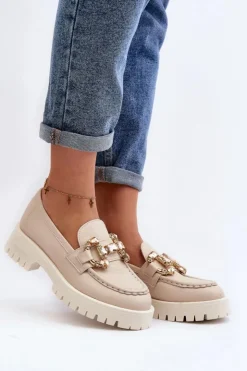 Discount CheBello Damskie Skórzane Mokasyny Z Ozdobą 4369 Beżowe