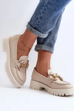 Discount CheBello Damskie Skórzane Mokasyny Z Ozdobą 4369 Beżowe