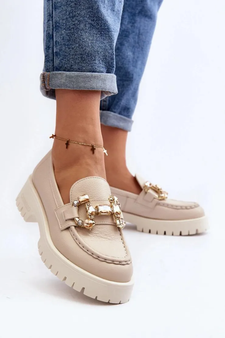 Discount CheBello Damskie Skórzane Mokasyny Z Ozdobą 4369 Beżowe