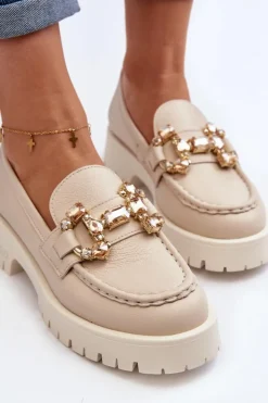 Discount CheBello Damskie Skórzane Mokasyny Z Ozdobą 4369 Beżowe