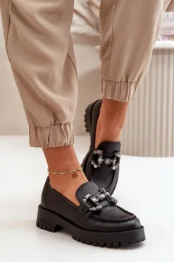 Damskie CheBello Damskie Skórzane Mokasyny Z Ozdobą 4369 Czarne