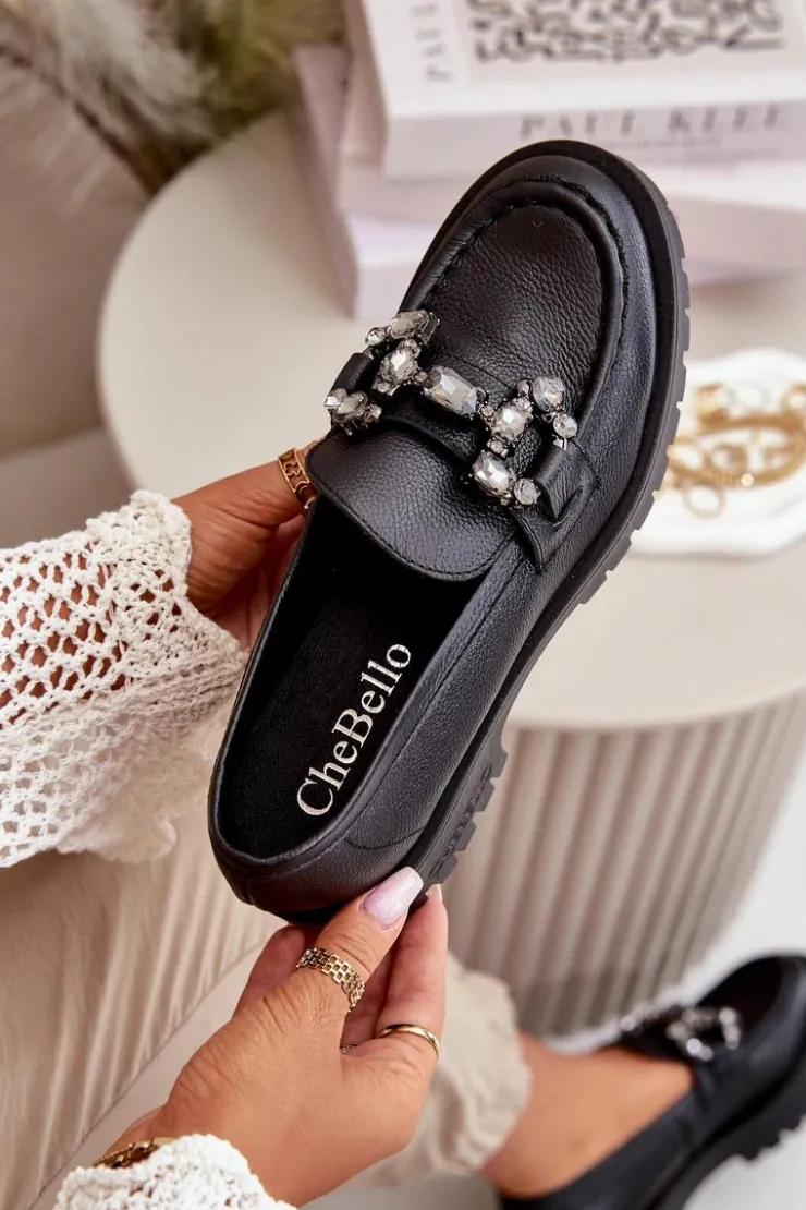 Damskie CheBello Damskie Skórzane Mokasyny Z Ozdobą 4369 Czarne