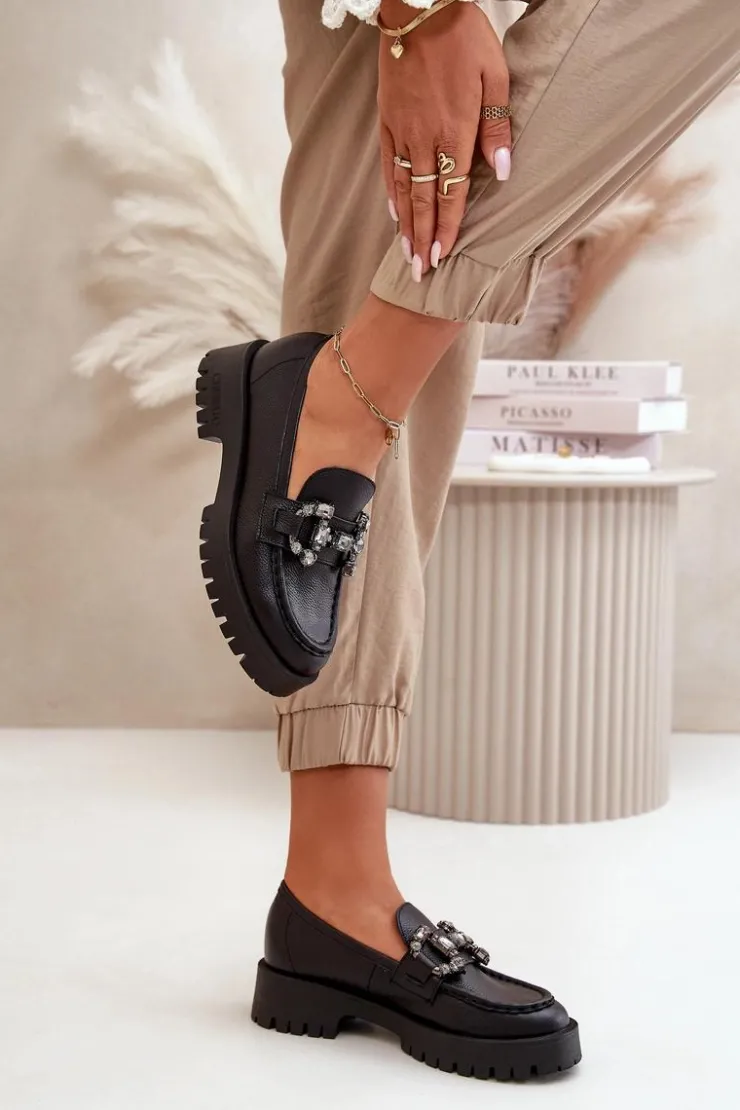 Damskie CheBello Damskie Skórzane Mokasyny Z Ozdobą 4369 Czarne