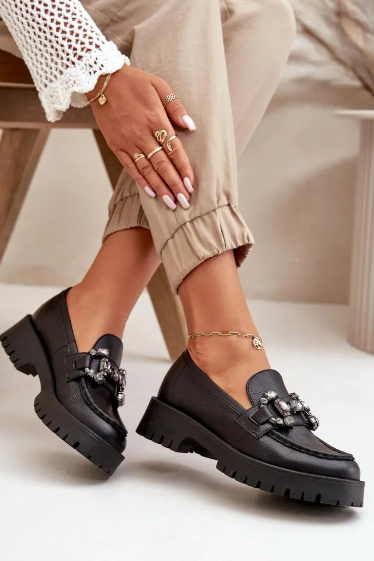 Damskie CheBello Damskie Skórzane Mokasyny Z Ozdobą 4369 Czarne