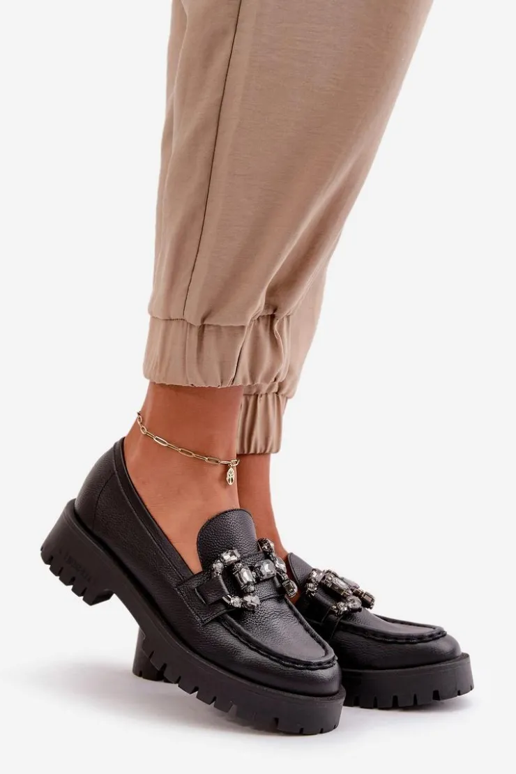 Damskie CheBello Damskie Skórzane Mokasyny Z Ozdobą 4369 Czarne