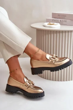 CheBello Mokasyny Płaskie|Mokasyny Damskie Skórzane*Damskie Skórzane Mokasyny Z Ozdobą 4369 Złote Złoty