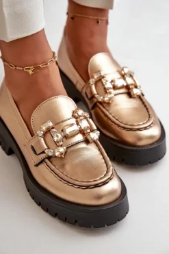 CheBello Mokasyny Płaskie|Mokasyny Damskie Skórzane*Damskie Skórzane Mokasyny Z Ozdobą 4369 Złote Złoty