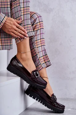 Discount Boto Damskie Skórzane Mokasyny Na Platformie Bordowe Venesia