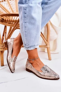 Boto Mokasyny Damskie Skórzane*Damskie Skórzane Mokasyny Wzór Zwierzęcy Złote Scarlett