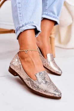 Boto Mokasyny Damskie Skórzane*Damskie Skórzane Mokasyny Wzór Zwierzęcy Złote Scarlett