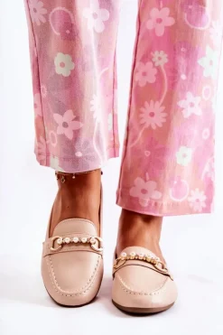 Boto Mokasyny Damskie Skórzane*Damskie Skórzane Mokasyny Z Ozdobnymi Perłami Beżowe Sergia