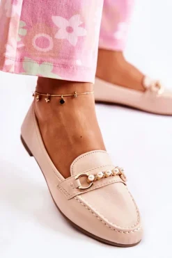 Boto Mokasyny Damskie Skórzane*Damskie Skórzane Mokasyny Z Ozdobnymi Perłami Beżowe Sergia