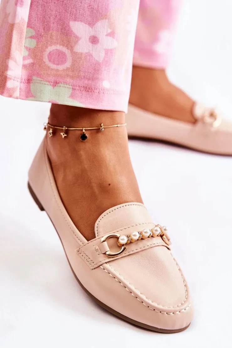 Boto Mokasyny Damskie Skórzane*Damskie Skórzane Mokasyny Z Ozdobnymi Perłami Beżowe Sergia