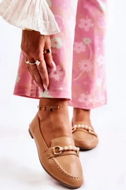 Sale Boto Damskie Skórzane Mokasyny Z Ozdobnymi Perłami Brązowe Sergia