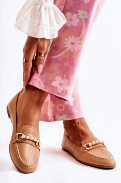 Sale Boto Damskie Skórzane Mokasyny Z Ozdobnymi Perłami Brązowe Sergia