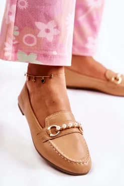 Sale Boto Damskie Skórzane Mokasyny Z Ozdobnymi Perłami Brązowe Sergia