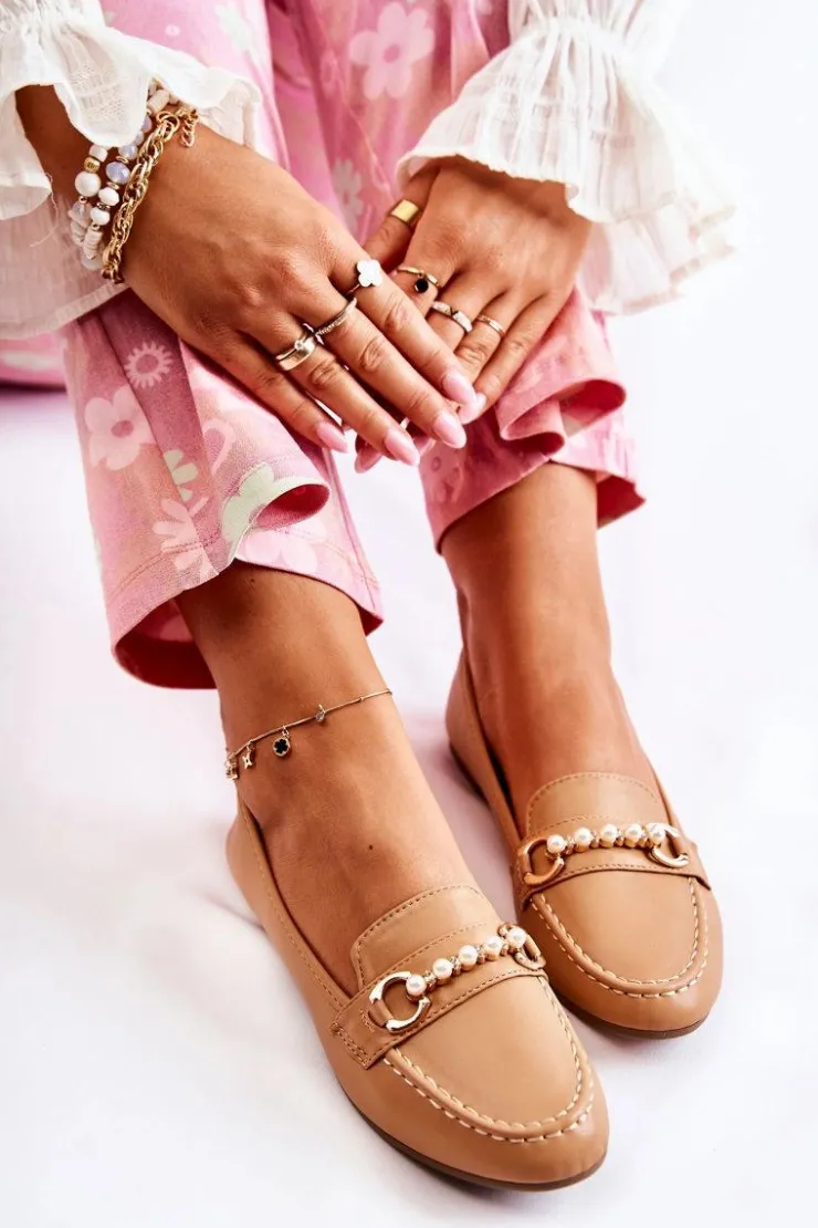 Sale Boto Damskie Skórzane Mokasyny Z Ozdobnymi Perłami Brązowe Sergia