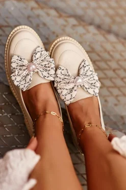 Damskie Laura Messi Damskie Skórzane Mokasyny Z Kokardą 2787 Jasnobeżowe