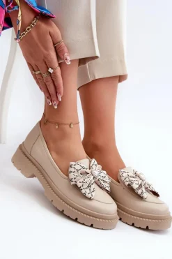 Damskie Laura Messi Damskie Skórzane Mokasyny Z Kokardą 2787 Jasnobeżowe