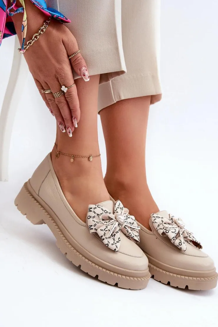 Damskie Laura Messi Damskie Skórzane Mokasyny Z Kokardą 2787 Jasnobeżowe