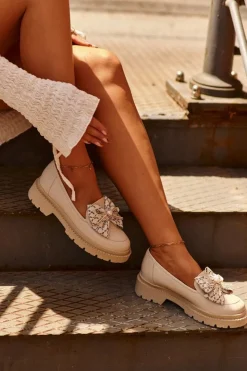 Damskie Laura Messi Damskie Skórzane Mokasyny Z Kokardą 2787 Jasnobeżowe