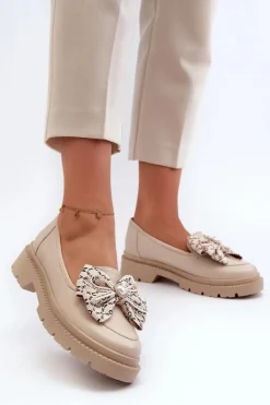 Damskie Laura Messi Damskie Skórzane Mokasyny Z Kokardą 2787 Jasnobeżowe