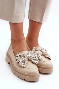 Damskie Laura Messi Damskie Skórzane Mokasyny Z Kokardą 2787 Jasnobeżowe