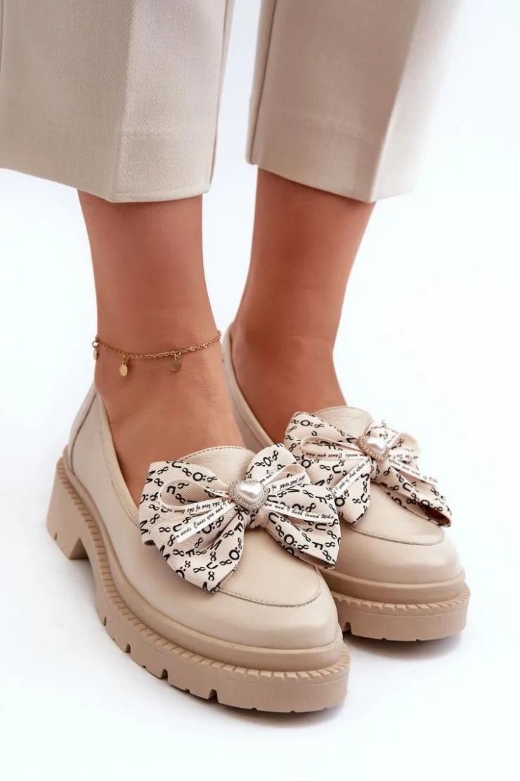 Damskie Laura Messi Damskie Skórzane Mokasyny Z Kokardą 2787 Jasnobeżowe