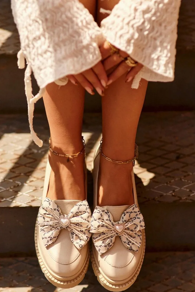 Damskie Laura Messi Damskie Skórzane Mokasyny Z Kokardą 2787 Jasnobeżowe