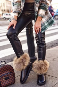 Damskie Boto Damskie Skórzane Śniegowce Z Futerkiem Lakierowane Czarne Alexa