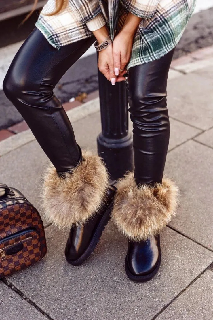 Damskie Boto Damskie Skórzane Śniegowce Z Futerkiem Lakierowane Czarne Alexa