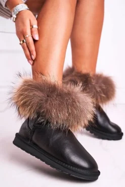 Damskie Boto Damskie Skórzane Śniegowce Z Futerkiem Lakierowane Czarne Alexa