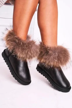 Damskie Boto Damskie Skórzane Śniegowce Z Futerkiem Lakierowane Czarne Alexa