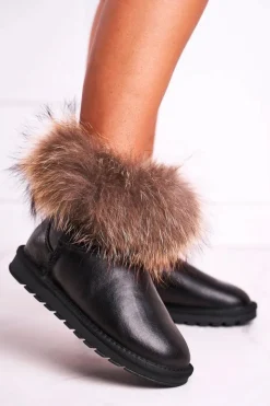 Damskie Boto Damskie Skórzane Śniegowce Z Futerkiem Lakierowane Czarne Alexa