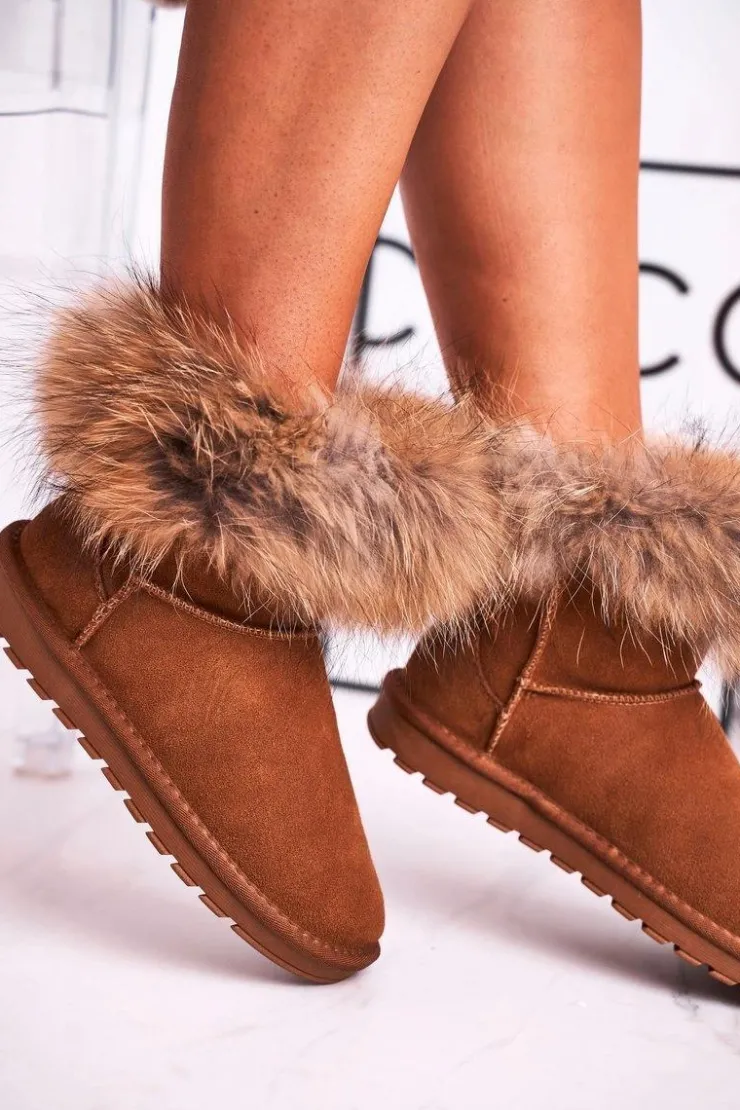 Damskie Boto Damskie Skórzane Śniegowce Z Futerkiem Camel Alexa