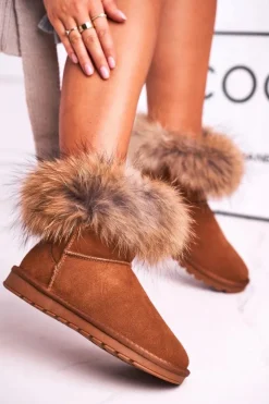 Damskie Boto Damskie Skórzane Śniegowce Z Futerkiem Camel Alexa