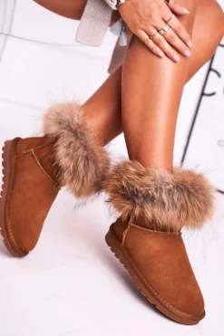 Damskie Boto Damskie Skórzane Śniegowce Z Futerkiem Camel Alexa