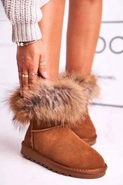 Damskie Boto Damskie Skórzane Śniegowce Z Futerkiem Camel Alexa