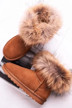 Damskie Boto Damskie Skórzane Śniegowce Z Futerkiem Camel Alexa