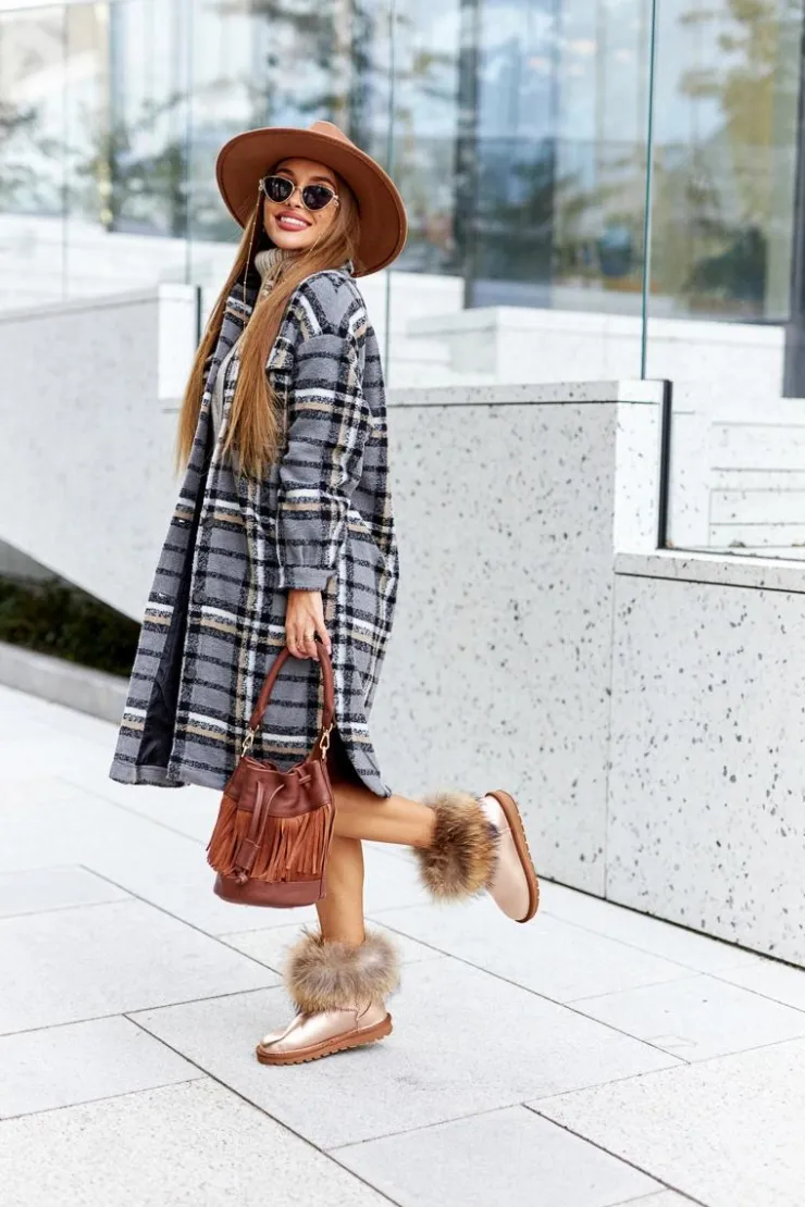 Sale Boto Damskie Skórzane Śniegowce Z Futerkiem Champagne Alexa