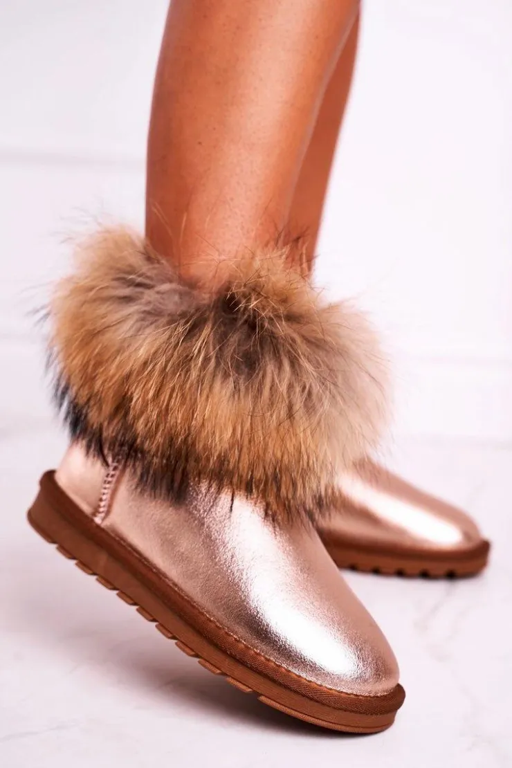 Sale Boto Damskie Skórzane Śniegowce Z Futerkiem Champagne Alexa