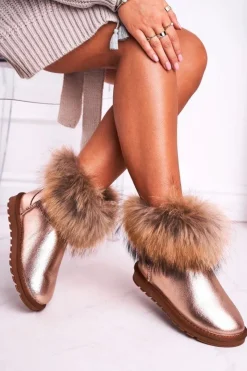 Sale Boto Damskie Skórzane Śniegowce Z Futerkiem Champagne Alexa