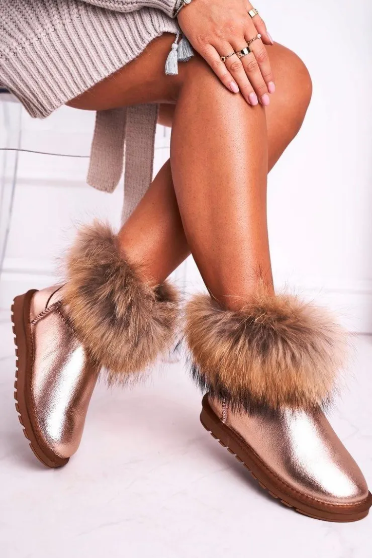 Sale Boto Damskie Skórzane Śniegowce Z Futerkiem Champagne Alexa