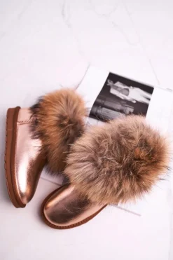 Sale Boto Damskie Skórzane Śniegowce Z Futerkiem Champagne Alexa