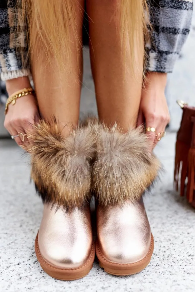 Sale Boto Damskie Skórzane Śniegowce Z Futerkiem Champagne Alexa