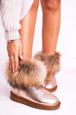 Sale Boto Damskie Skórzane Śniegowce Z Futerkiem Champagne Alexa