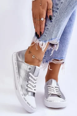 Damskie Big Star Shoes Damskie Skórzane Niskie Trampki Big Star LL274016 Srebrne