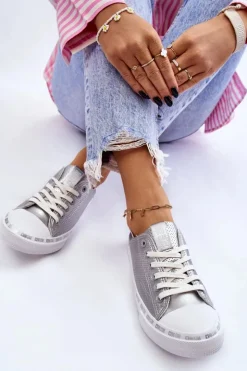 Damskie Big Star Shoes Damskie Skórzane Niskie Trampki Big Star LL274016 Srebrne