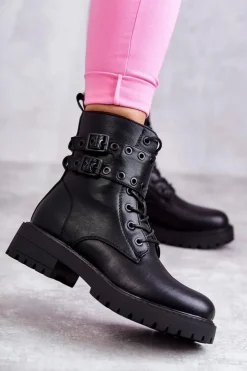 New Boto Damskie Skórzane Ocieplane Botki Czarne Silvor Czarny